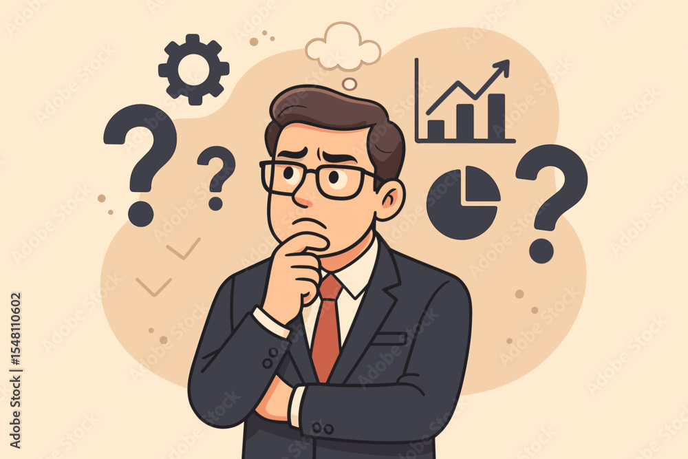 Poster confused businessman thinking about a business problem. pensive man analyzing data, charts, and grap