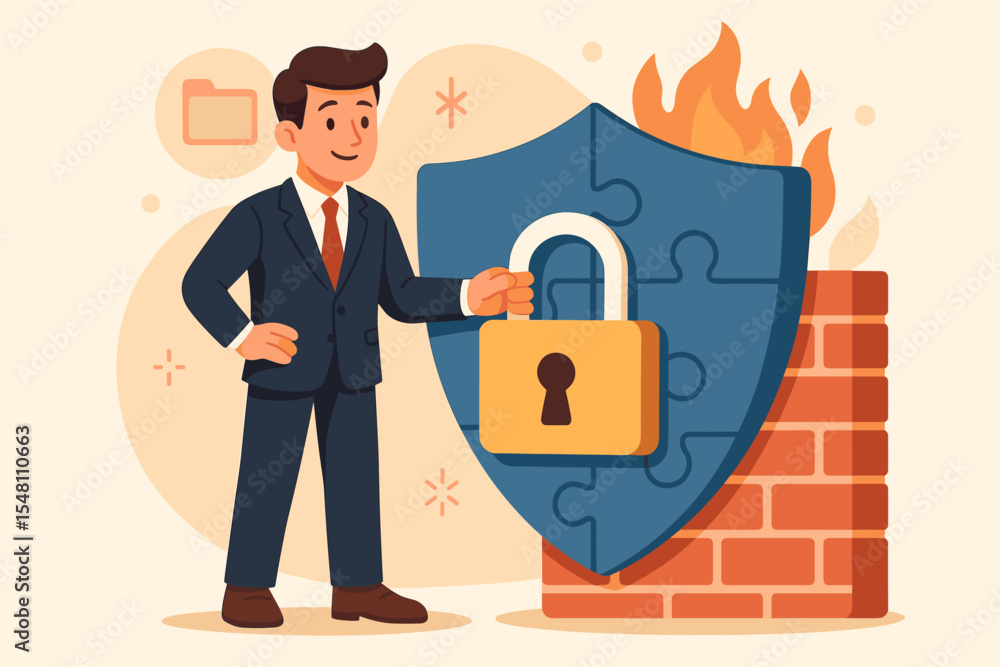 Poster businessman holding padlock protecting data behind shield puzzle and firewall concept of cybersecuri