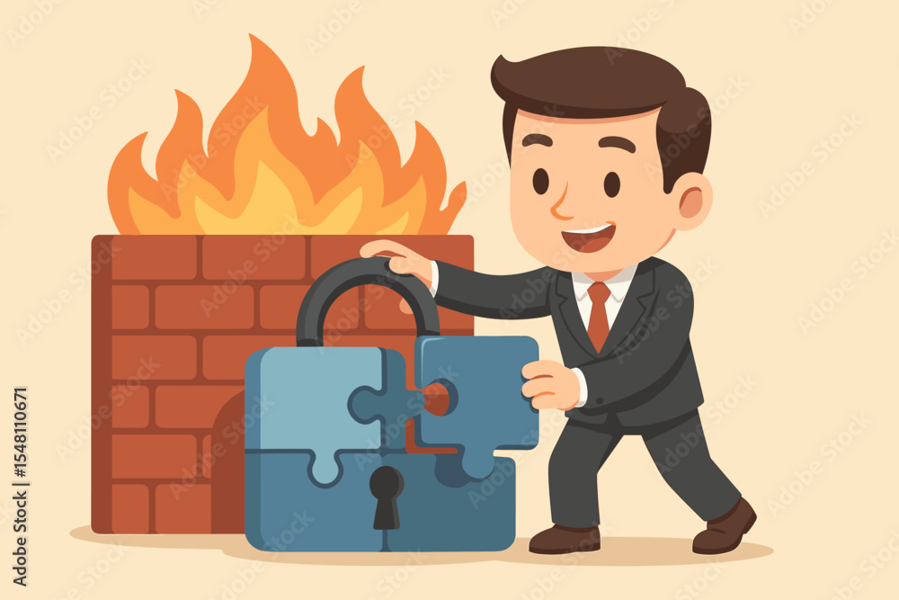 Poster businessman securing data with a puzzle shield and padlock. concept of cybersecurity, firewall prote