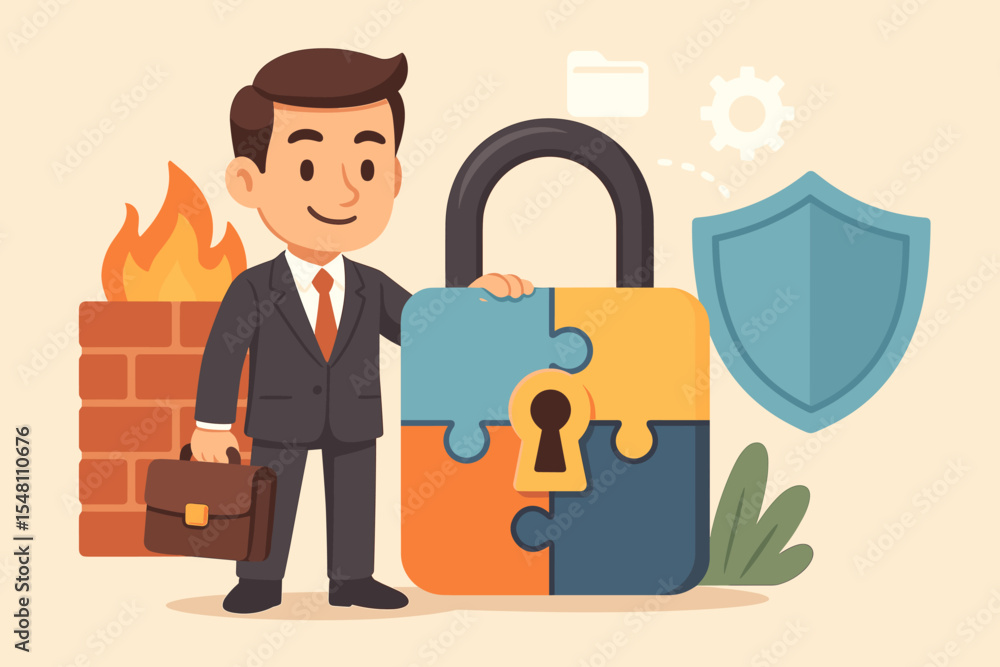 Poster businessman securing data with puzzle lock in front of firewall concept of cybersecurity protection 