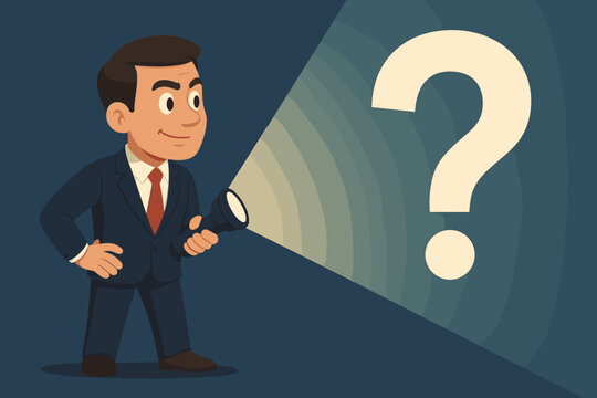 Businessman shines a flashlight on a question mark. Concept of searching for answers, solving problems, business strategy, and overcoming uncertainty. Finding direction and solutions.
