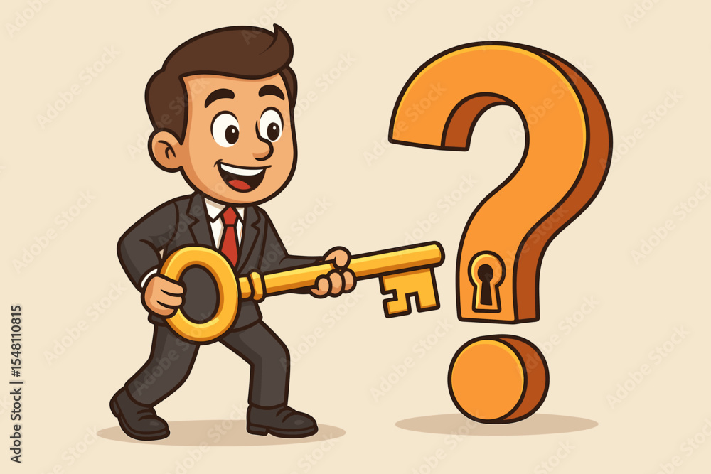 Poster businessman unlocking a question mark with a golden key. concept for finding solutions, problem-solv