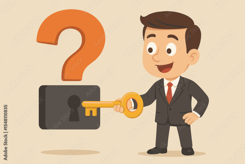 Poster businessman unlocking a question mark with a golden key. concept of problem solving, finding solutio