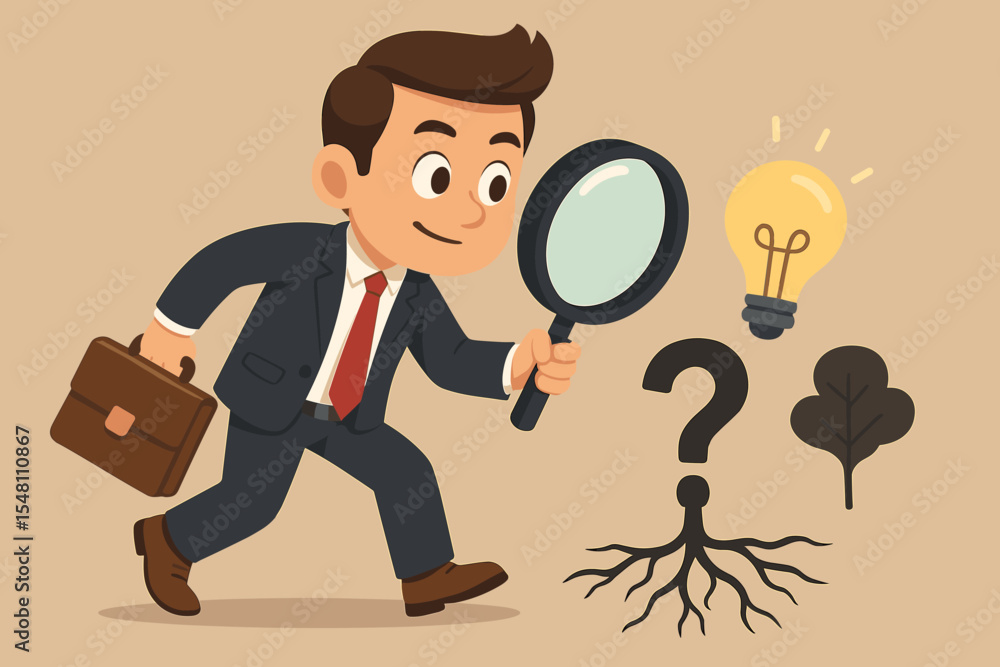 Poster root cause analysis concept with a businessman holding a magnifying glass. investigating a problem s