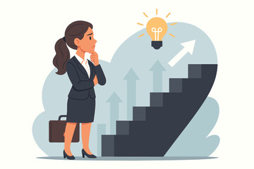Obraz premium Businesswoman decision making career growth concept. Female executive contemplating next step on success staircase with arrows upward, light bulb idea, business strategy, leadership, opportunity.