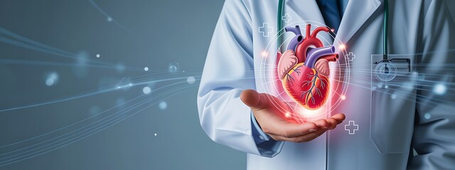 Medical professional presenting a glowing human heart depicting cardiology and healthcare concepts