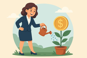 Businesswoman in suit watering money plant with dollar coin in pot, investment growth, financial success, wealth management, business funding, profit metaphor, vector cartoon illustration