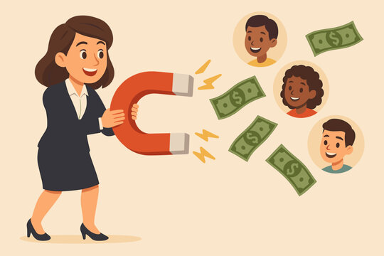 Businesswoman attracting customers and money with magnet, customer acquisition lead generation, digital marketing strategy concept, client retention, business growth, vector cartoon illustration