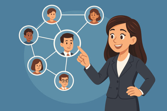 Businesswoman presenting social network connections. Teamwork, leadership, communication, human resources, employee management, organizational chart, business networking, corporate strategy concept