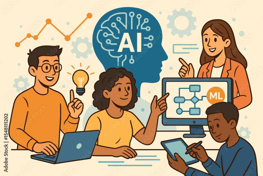Poster diverse team collaborating on artificial intelligence and machine learning solutions, brainstorming 