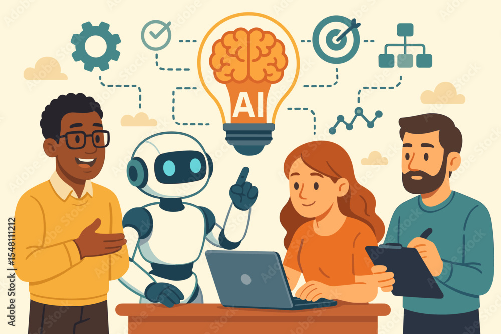 Poster diverse team collaborating with ai robot and laptop, brainstorming innovative solutions with artific
