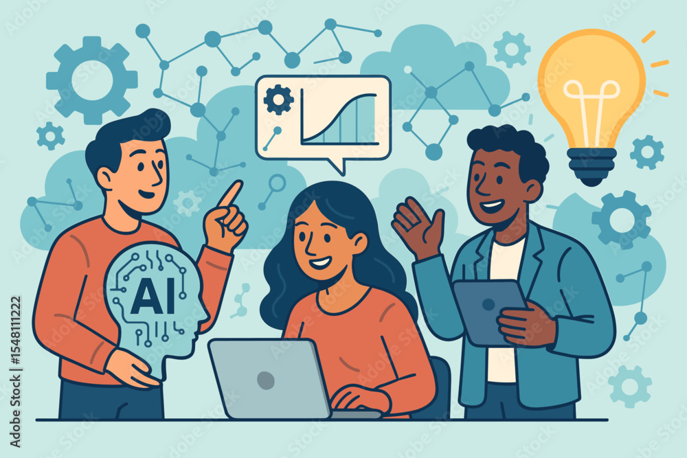 Poster diverse team brainstorming artificial intelligence technology, analyzing data, machine learning inno
