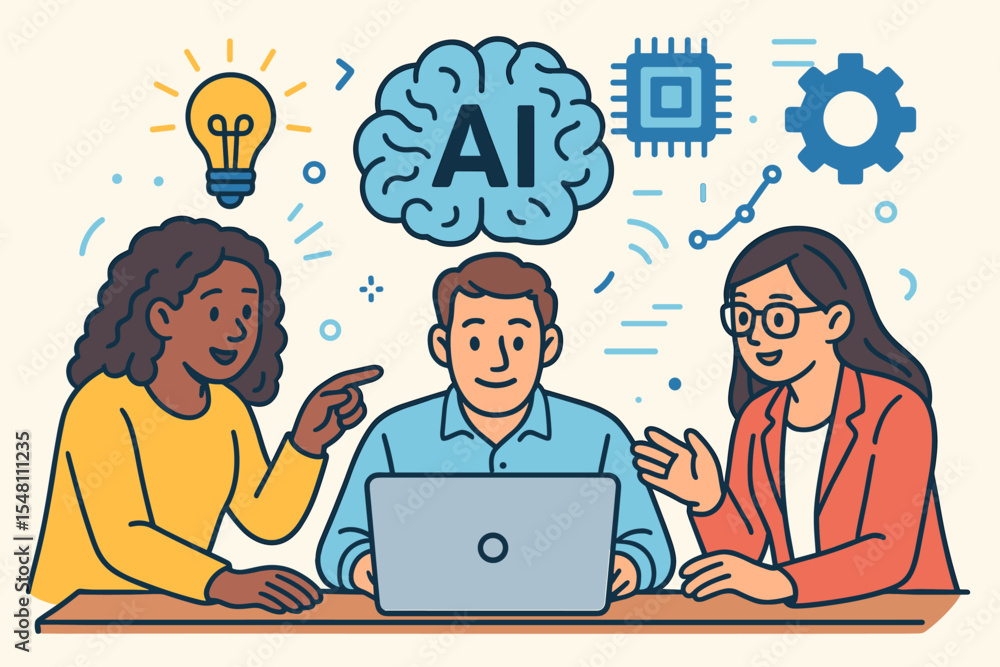 Poster diverse team collaborating on artificial intelligence innovation, brainstorming machine learning sol