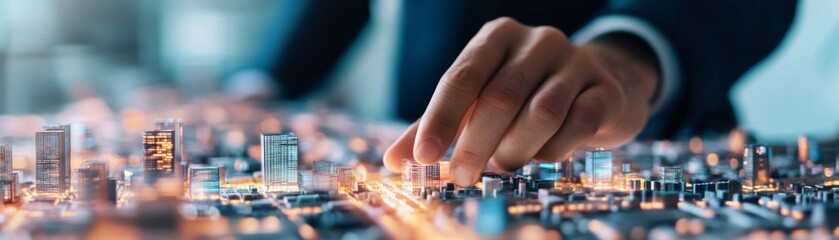 Naklejka premium Architect's Hand on Futuristic City Model, Planning ,Innovation