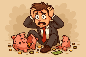 Stressed businessman clutching head with broken piggy bank, lost savings, financial crisis, bankruptcy risk, debt, money loss, economic hardship, cartoon vector illustration, no text