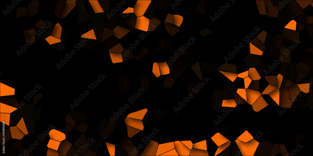 Poster glowing orange polygonal shards on black background. broken quartz modern black and orange geometric