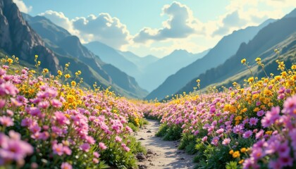 Fototapeta premium Vibrant flower pathway in majestic mountains nature photography scenic landscape daytime tranquil atmosphere