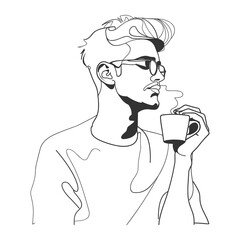Minimalist One Line Drawing of Man Drinking Coffee &ndash; Modern Male Art Illustration