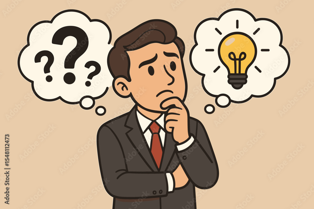 Poster businessman thinking, finding a solution. man with question marks and lightbulb idea in thought bubb