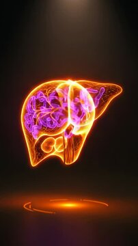 Neon illuminated 3d rendering of a human liver, showcasing its internal structure in detail.