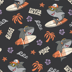 Seamless Pattern Summer Surfing With Surfing Shark, Cartoon Illustration