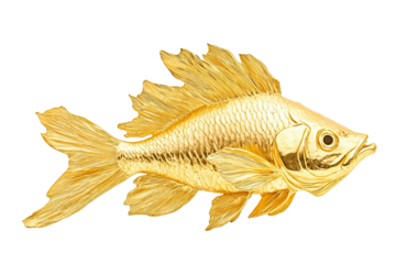 Golden decorative fish with detailed scales and fins in ornamental design style isolated on white transparent background