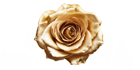 Single golden rose blossom with glossy gold foliage isolated on white transparent background