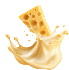 Cheese Wedge Splashing Creamy Milk Liquid on Transparent Background