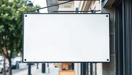 coffee shop street signboard mock up for logo design, brand presentation, aesthetic muted neutral colors, on the wall outdoor, Modern Coffee Shop Exterior Sign Mockup
