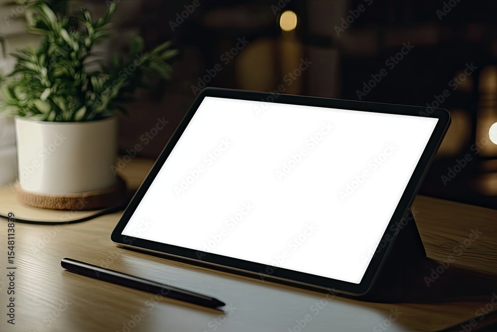 Poster high quality picture of tablet with pen and minimal display on table