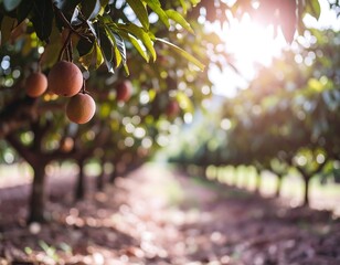 Ripe Manilkara zapota Fruits Hanging on Branches in Orchard Sunlight