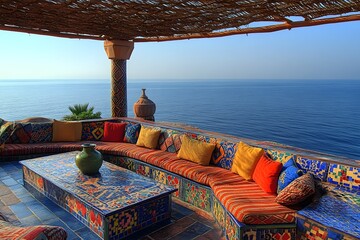 Moroccan rooftop spa lounge with wide sea vista