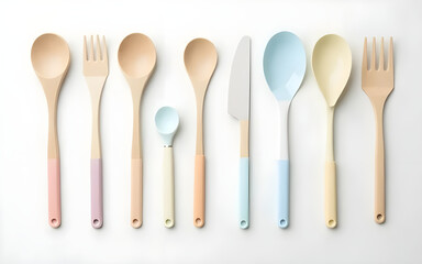Pastel-Handled Wooden Kitchen Utensils Set