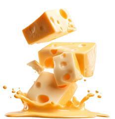 Falling Blocks of Yellow Cheese Splashing in Droplets on Transparent Background