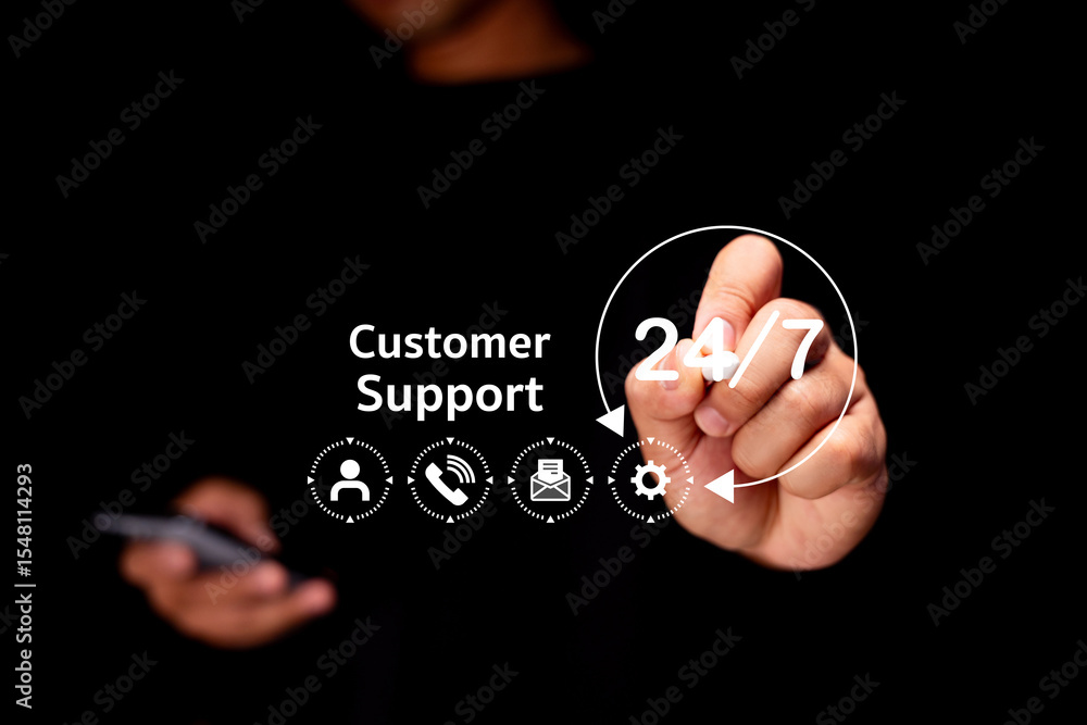 Poster a hand points to a glowing 24/7 customer support icon with related service symbols on a dark backgro