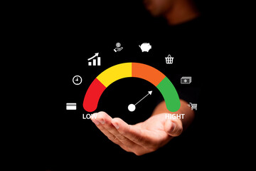 A hand presents a colorful gauge meter indicating progress from low to high, surrounded by icons representing finance and growth concepts.