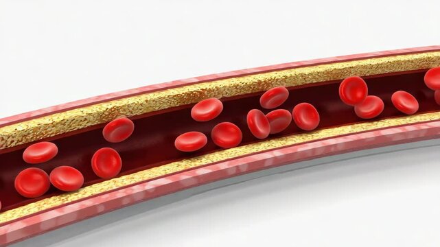 3D medical animation showing blood cells flowing through narrowed artery with fatty cholesterol deposits along vessel walls.