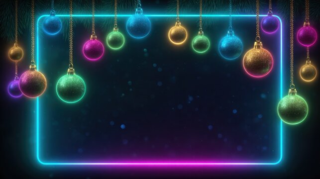 Brightly colored Christmas ornaments dangle from a neon frame against a dark background, enhancing the festive spirit of the holiday season and inviting celebration.