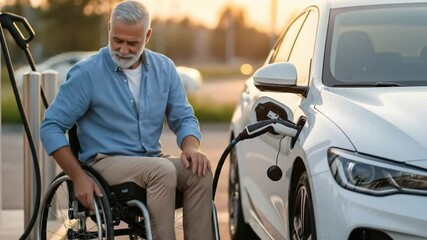 During sunset at a charging station, a paraplegic mature man in a wheelchair is shown removing the EV plug from his electric car - Powered by Adobe