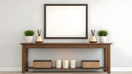 Modern console table decor with frame and plants