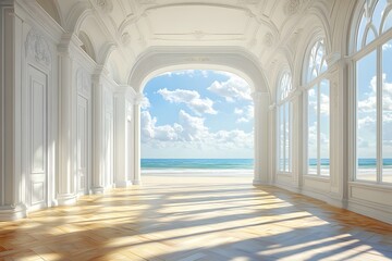 Regency-inspired hall with beach horizon