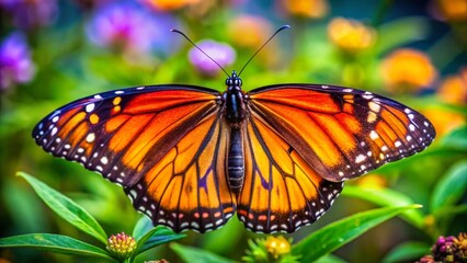 Fototapeta premium Monarch Butterfly, Open Wings, Lush Garden Closeup