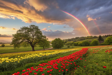 "Vibrant Rainbow Over Flower Field and Lush Trees