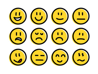 Fototapeta premium Cartoon Yellow Emoji Faces – Vector Set of Hand-Drawn Emoticons