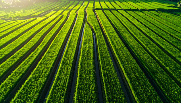 Aerial view of green agricultural fields with linear patterns and sunlight.