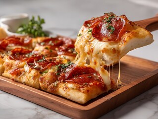 A Delicious Pepperoni Pizza Slice Being Lifted with Melted Cheese Pulling