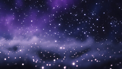 Purple Starry Night Sky with Bokeh Lights and Cosmic Nebula Background