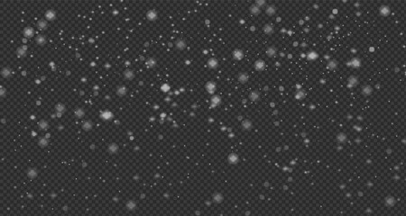 Christmas sparkling snowflakes in the air on transparent background.Snow overlay effects.Snow background.Heavy snowfall with frost particles.Winter atmosphere. Vector overlay for holiday, banners