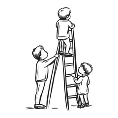 Helping Kids Climb Ladder Illustration – Hand Drawn Teamwork and Support Concept Art