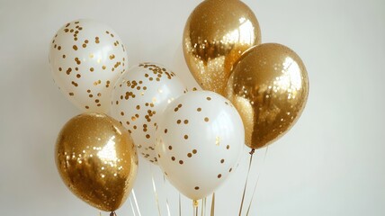 Shiny golden balloons floating with confetti, generating celebratory mood against pristine white backdrop, symbolizing festive jubilation
